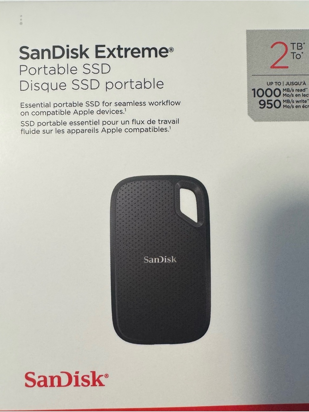 SanDisk 2TB Extreme Portable SSD, 1,000Md/s(950Mb/s) SDSSDE62-2TOO-GAO-Black,NEW